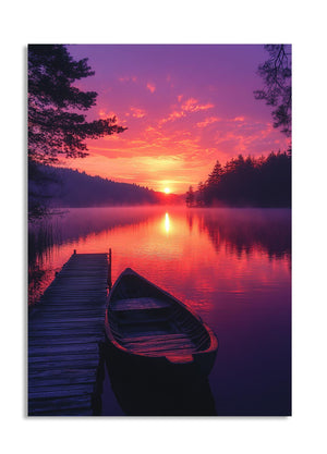Boat docked at a lake during a vibrant purple sunset, as a premium aluminum metal print from GoMetalPrint.
