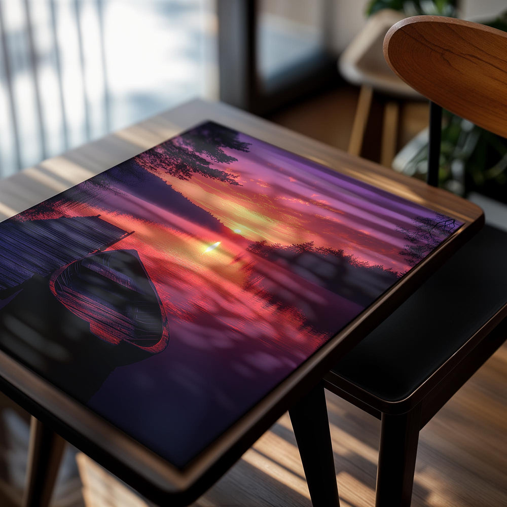 Boat docked at a lake during a vibrant purple sunset, as a premium aluminum metal print from GoMetalPrint.
