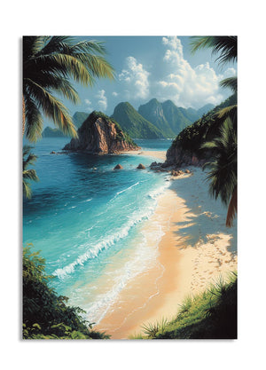 Vibrant tropical beach scene with clear blue water, white sand, and palm trees, as a premium aluminum metal print from GoMetalPrint.
