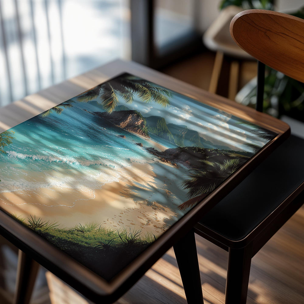 Vibrant tropical beach scene with clear blue water, white sand, and palm trees, as a premium aluminum metal print from GoMetalPrint.
