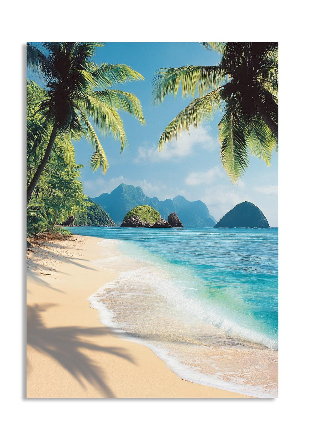 Beach scene with palm trees, clear blue water, and mountains in the background, as a premium aluminum metal print from GoMetalPrint.
