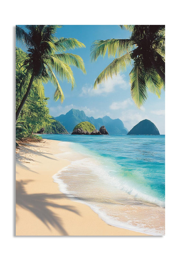 Beach scene with palm trees, clear blue water, and mountains in the background, as a premium aluminum metal print from GoMetalPrint.
