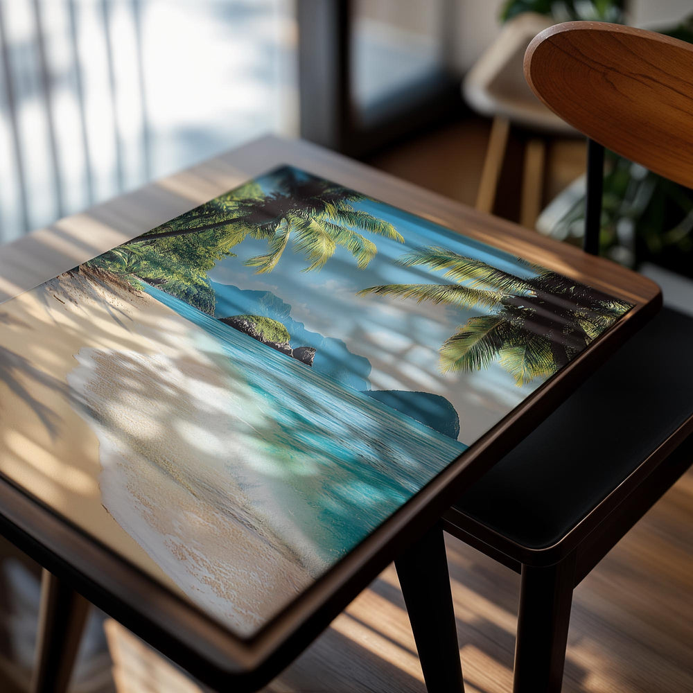 Beach scene with palm trees, clear blue water, and mountains in the background, as a premium aluminum metal print from GoMetalPrint.
