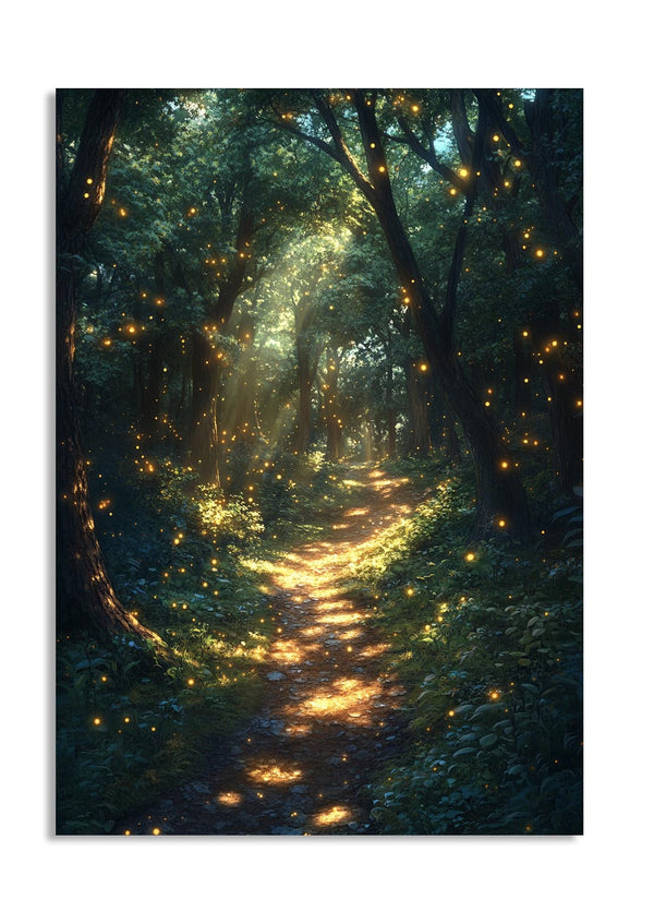 Mystical forest path illuminated by string lights, as a premium aluminum metal print from GoMetalPrint.
