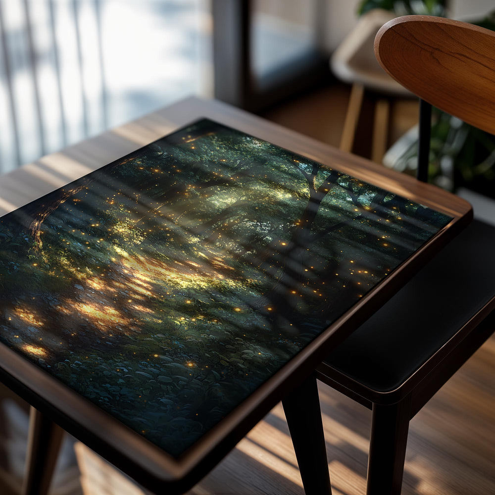 Mystical forest path illuminated by string lights, as a premium aluminum metal print from GoMetalPrint.
