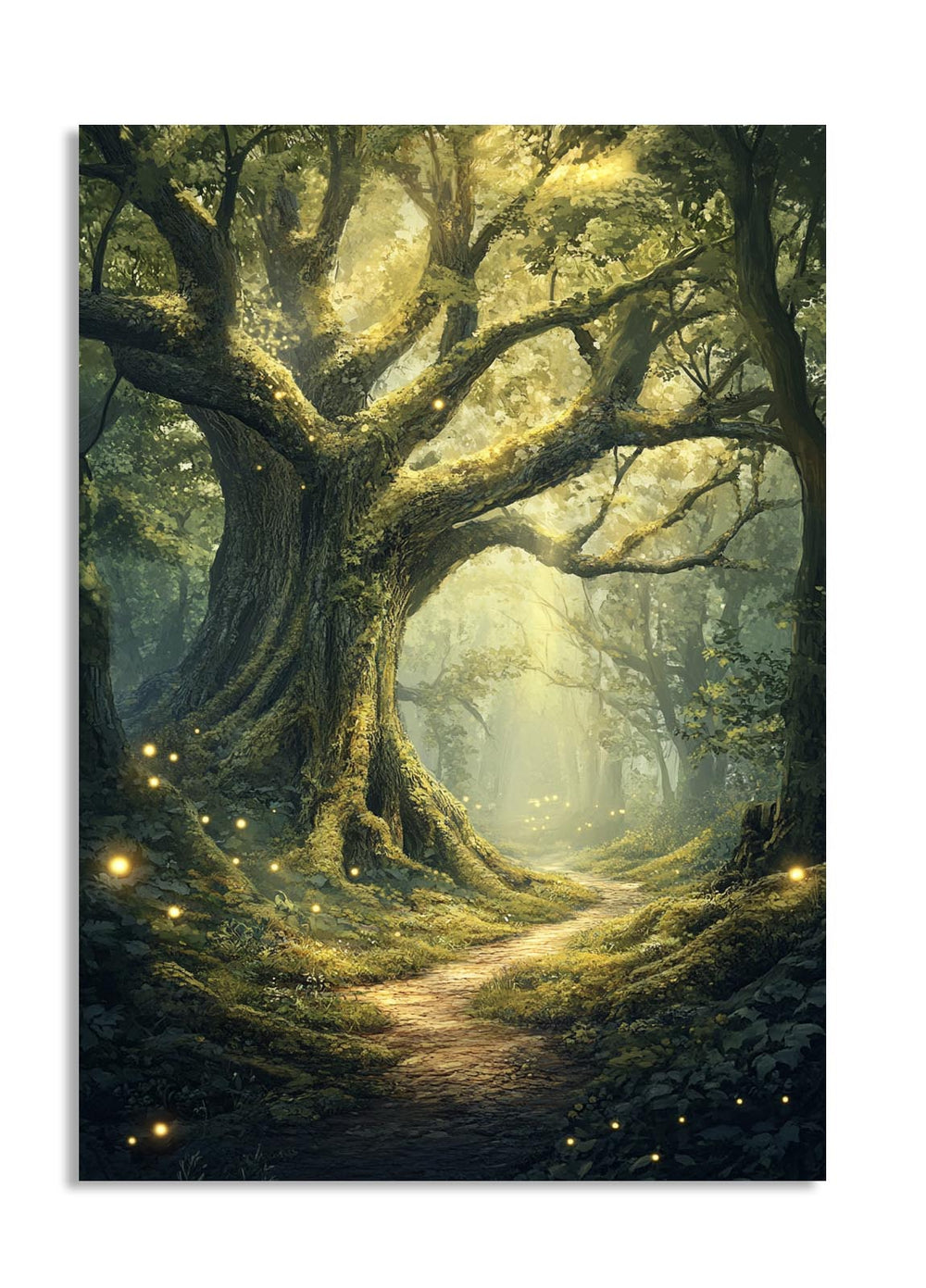 Mystical forest scene with a large tree and a path leading deeper into the woods, as a premium aluminum metal print from GoMetalPrint.
