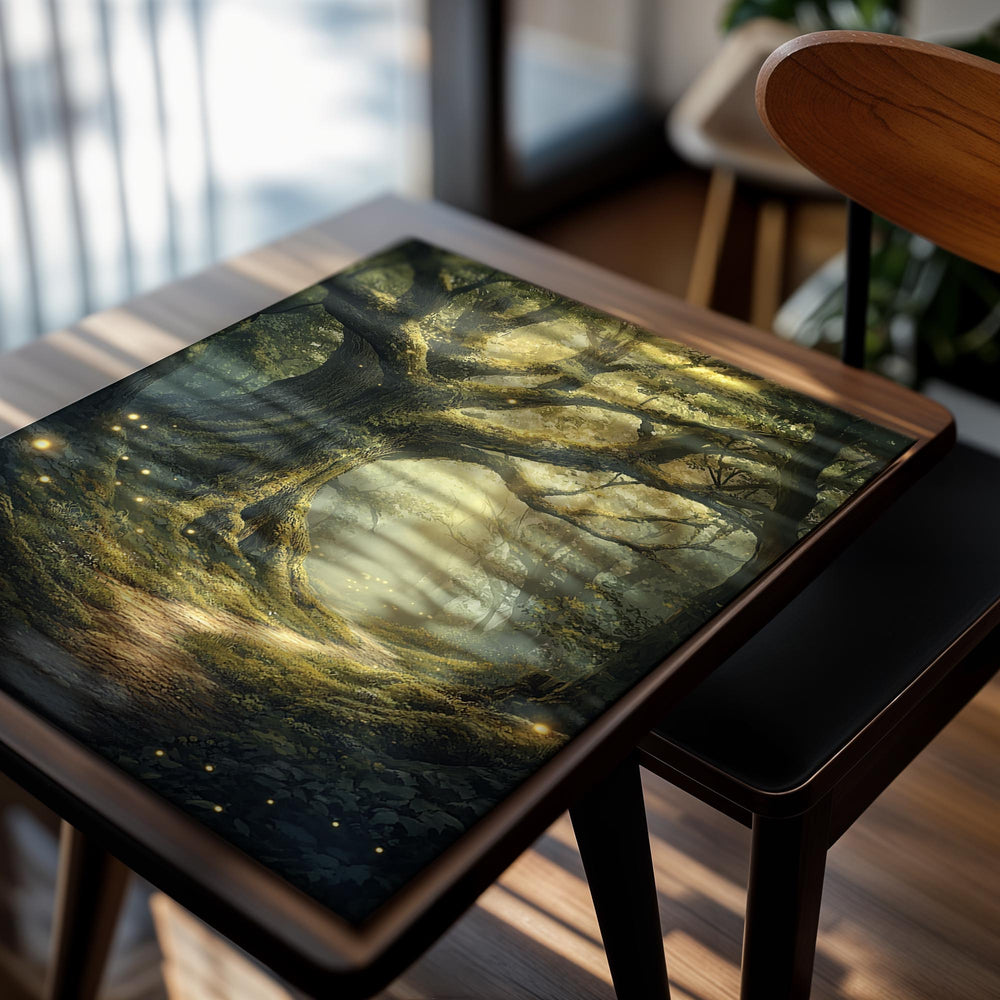 Mystical forest scene with a large tree and a path leading deeper into the woods, as a premium aluminum metal print from GoMetalPrint.
