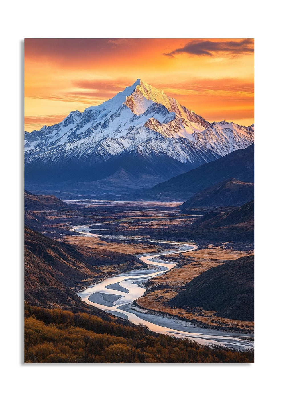 Mountain landscape with a river at sunset, as a premium aluminum metal print from GoMetalPrint.
