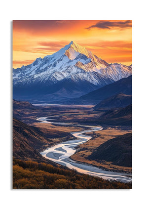 Mountain landscape with a river at sunset, as a premium aluminum metal print from GoMetalPrint.
