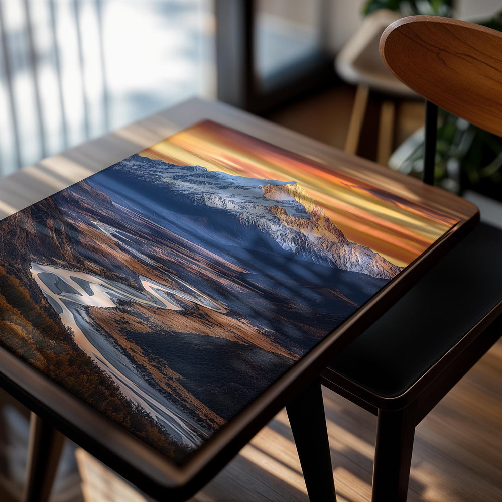 Mountain landscape with a river at sunset, as a premium aluminum metal print from GoMetalPrint.
