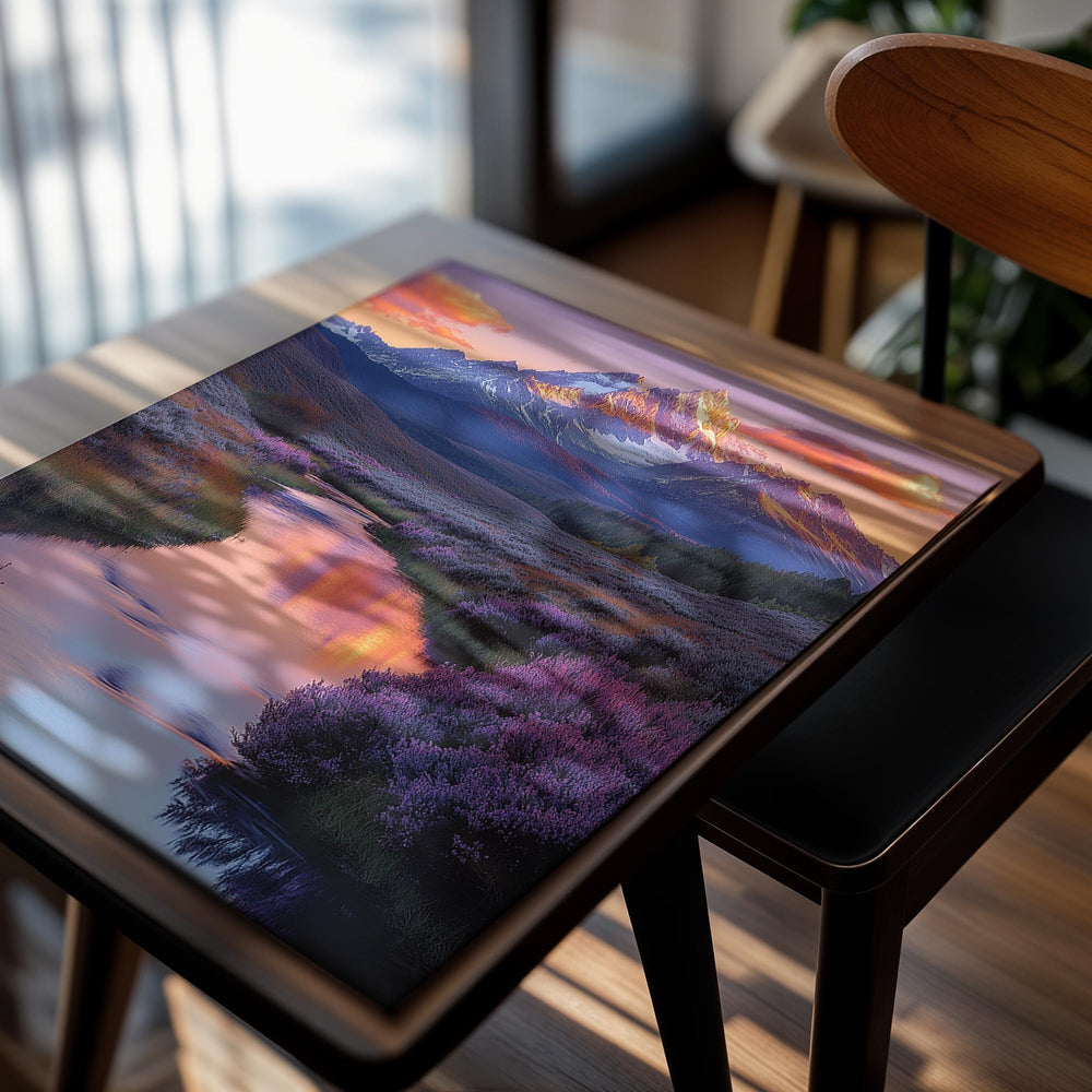 Mountain landscape with a stream and purple bushes at sunset, as a premium aluminum metal print from GoMetalPrint.
