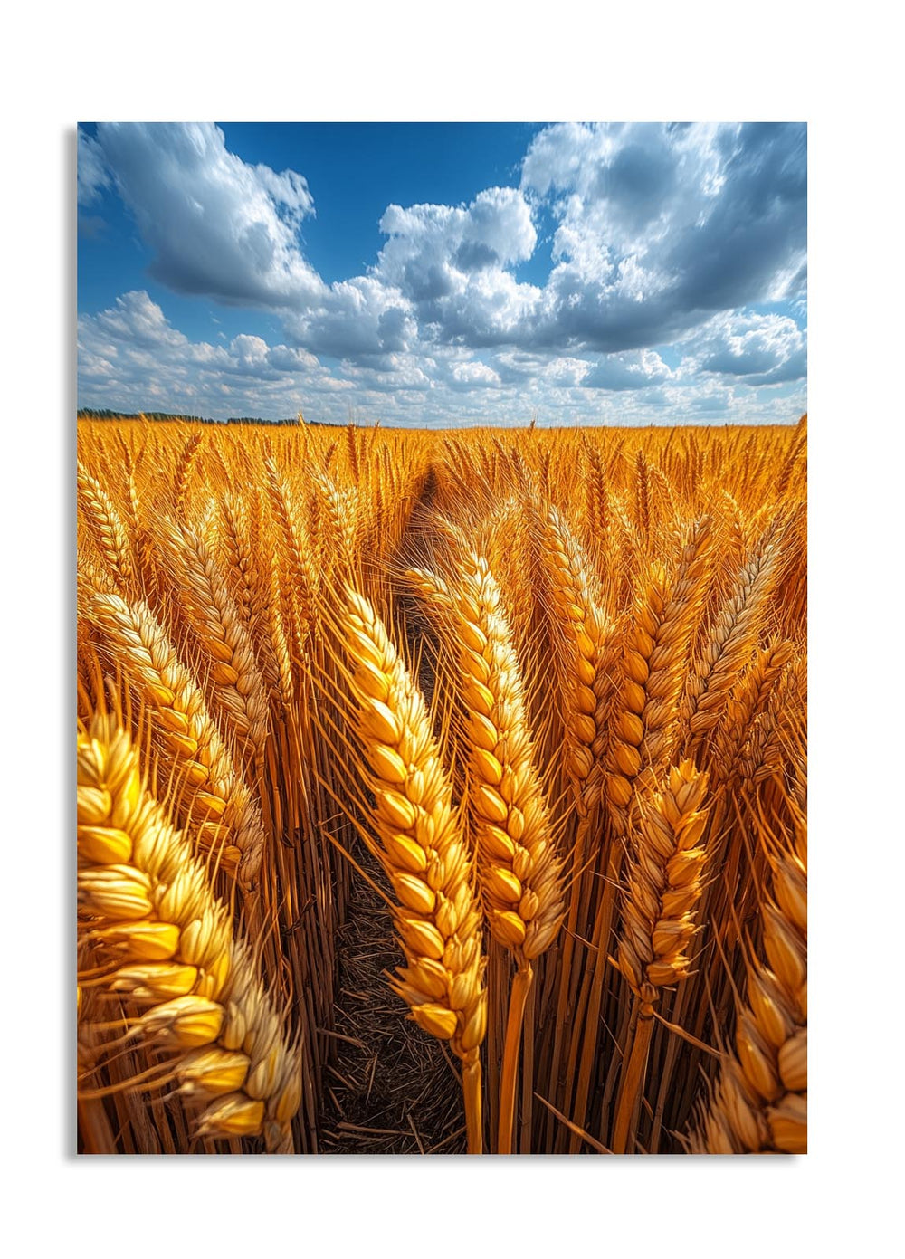 Wheat field with a blue sky and clouds, as a premium aluminum metal print from GoMetalPrint.
