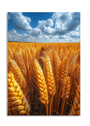 Wheat field with a blue sky and clouds, as a premium aluminum metal print from GoMetalPrint.
