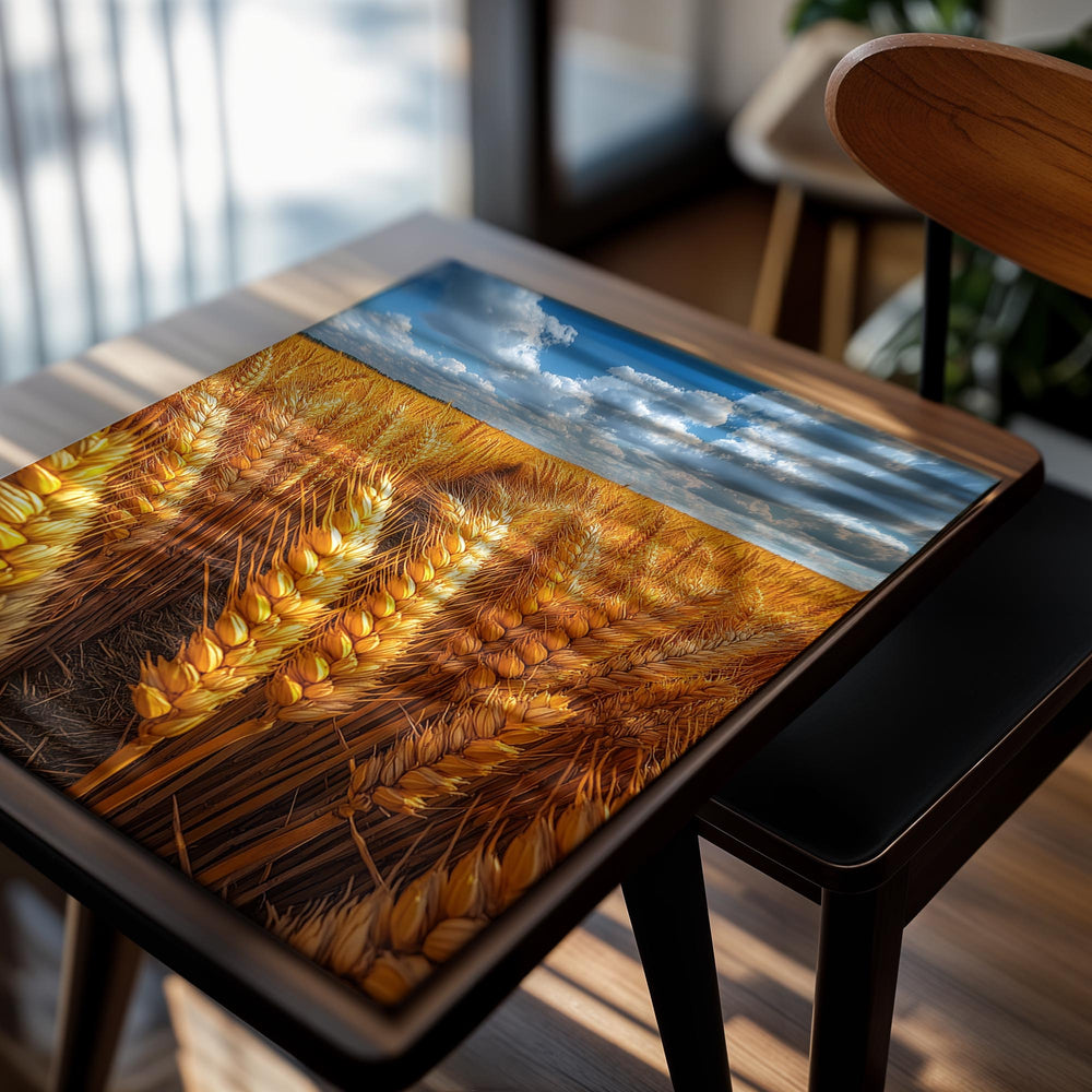 Wheat field with a blue sky and clouds, as a premium aluminum metal print from GoMetalPrint.
