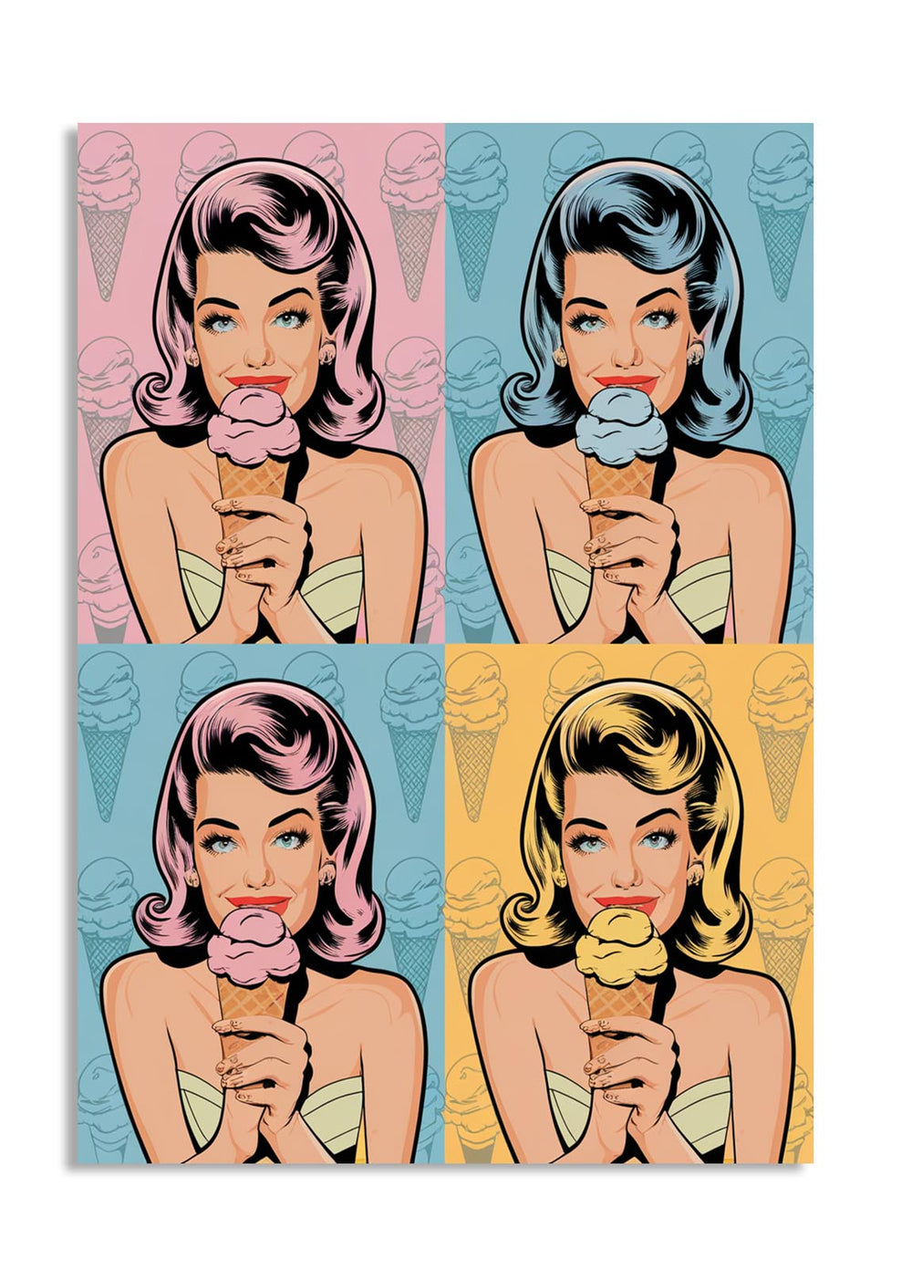 Four-panel artwork of a woman with different hairstyles holding ice cream cones on a colorful background, as a premium aluminum metal print from GoMetalPrint.
