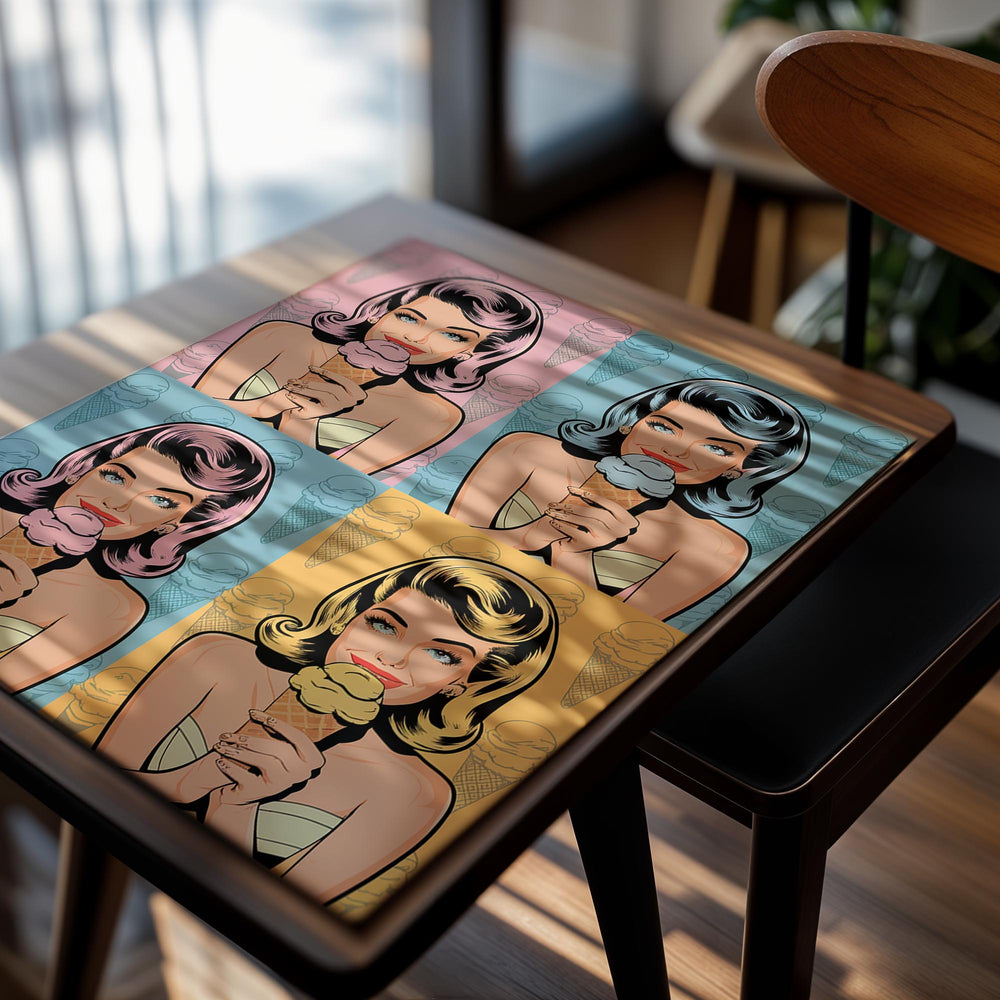 Four-panel artwork of a woman with different hairstyles holding ice cream cones on a colorful background, as a premium aluminum metal print from GoMetalPrint.
