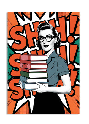 Comic-style illustration of a woman holding books with exclamation marks and 'SHH!' text, as a premium aluminum metal print from GoMetalPrint.
