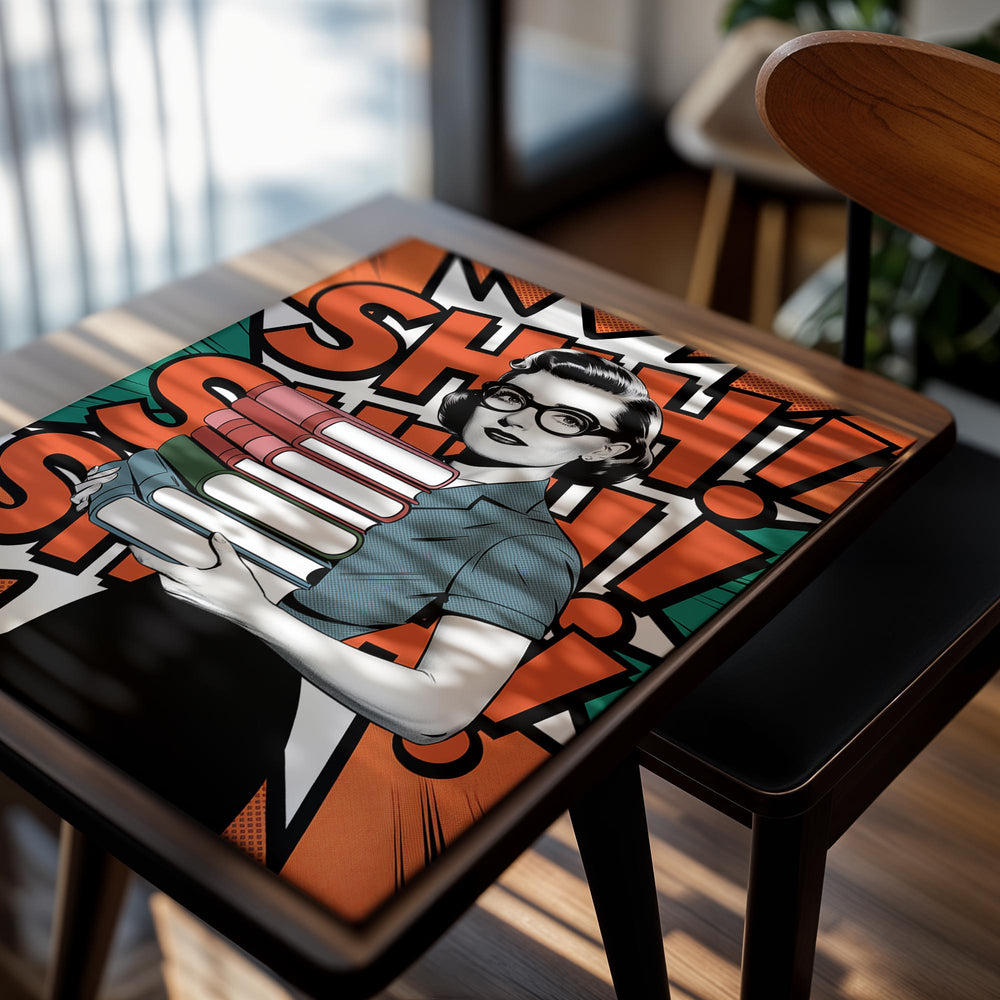 Comic-style illustration of a woman holding books with exclamation marks and 'SHH!' text, as a premium aluminum metal print from GoMetalPrint.
