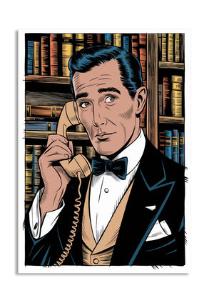 Illustration of a man in a suit and bow tie talking on a phone in a library setting, as a premium aluminum metal print from GoMetalPrint.
