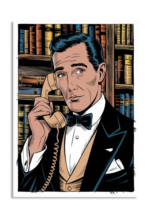 Illustration of a man in a suit and bow tie talking on a phone in a library setting, as a premium aluminum metal print from GoMetalPrint.
