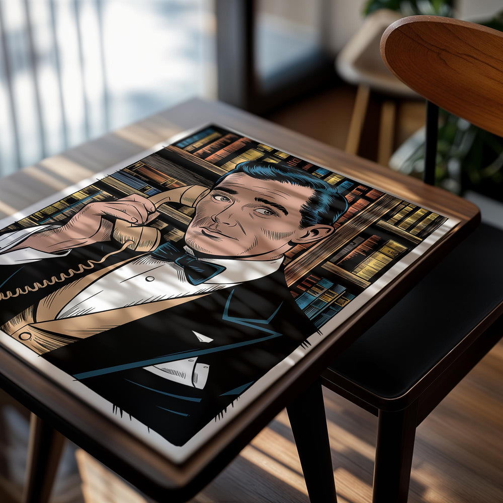 Illustration of a man in a suit and bow tie talking on a phone in a library setting, as a premium aluminum metal print from GoMetalPrint.
