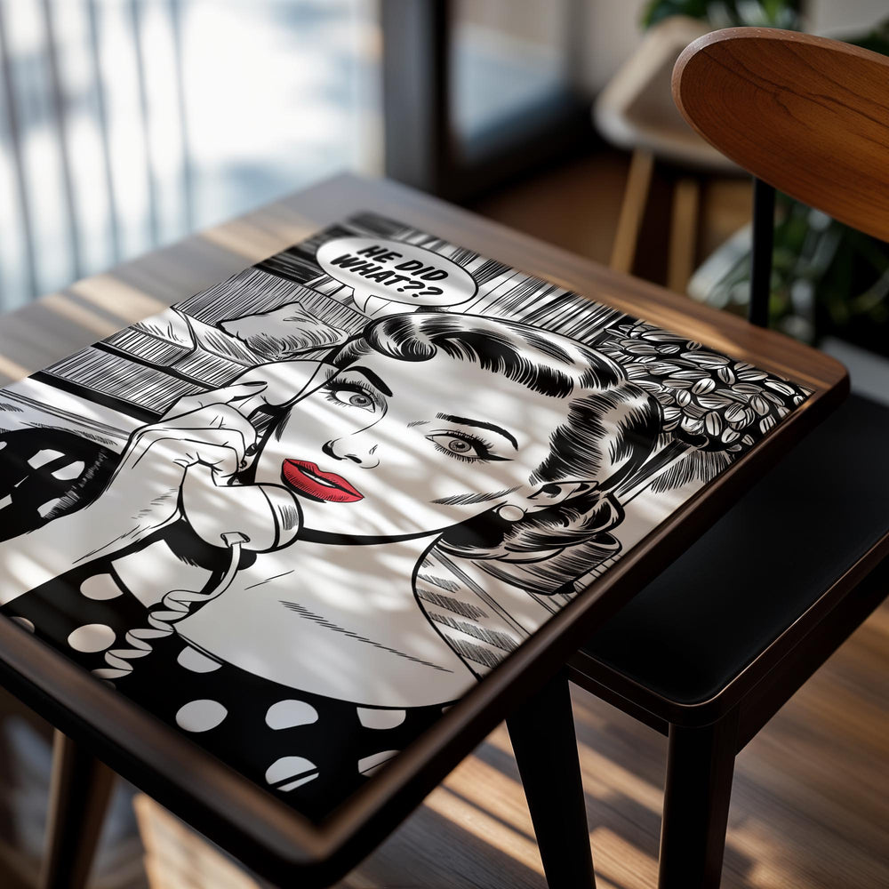 Vintage-style illustration of a woman on the phone with a speech bubble saying 'He did what??', as a premium aluminum metal print from GoMetalPrint.
