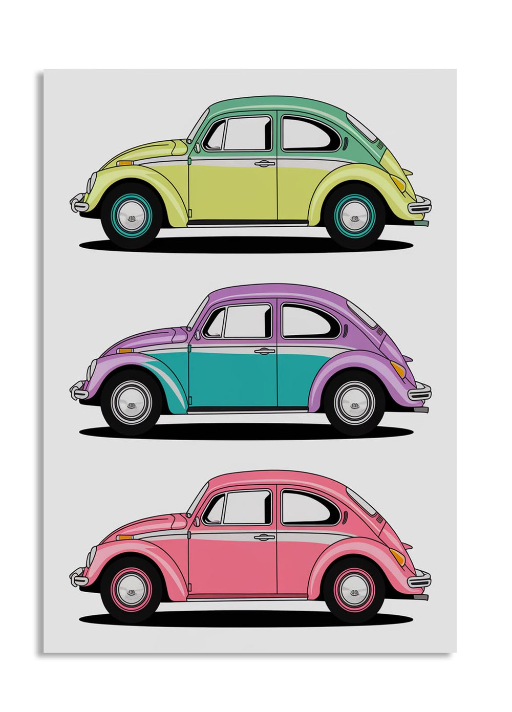 Three vintage-style beetles in different colors on a white background, as a premium aluminum metal print from GoMetalPrint.
