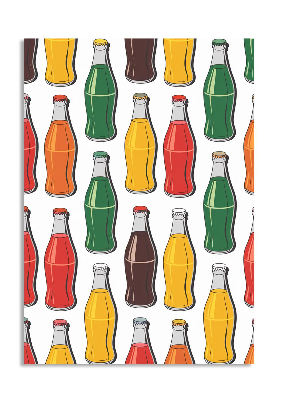 Pattern of colorful soda bottles and glasses on a white background, as a premium aluminum metal print from GoMetalPrint.
