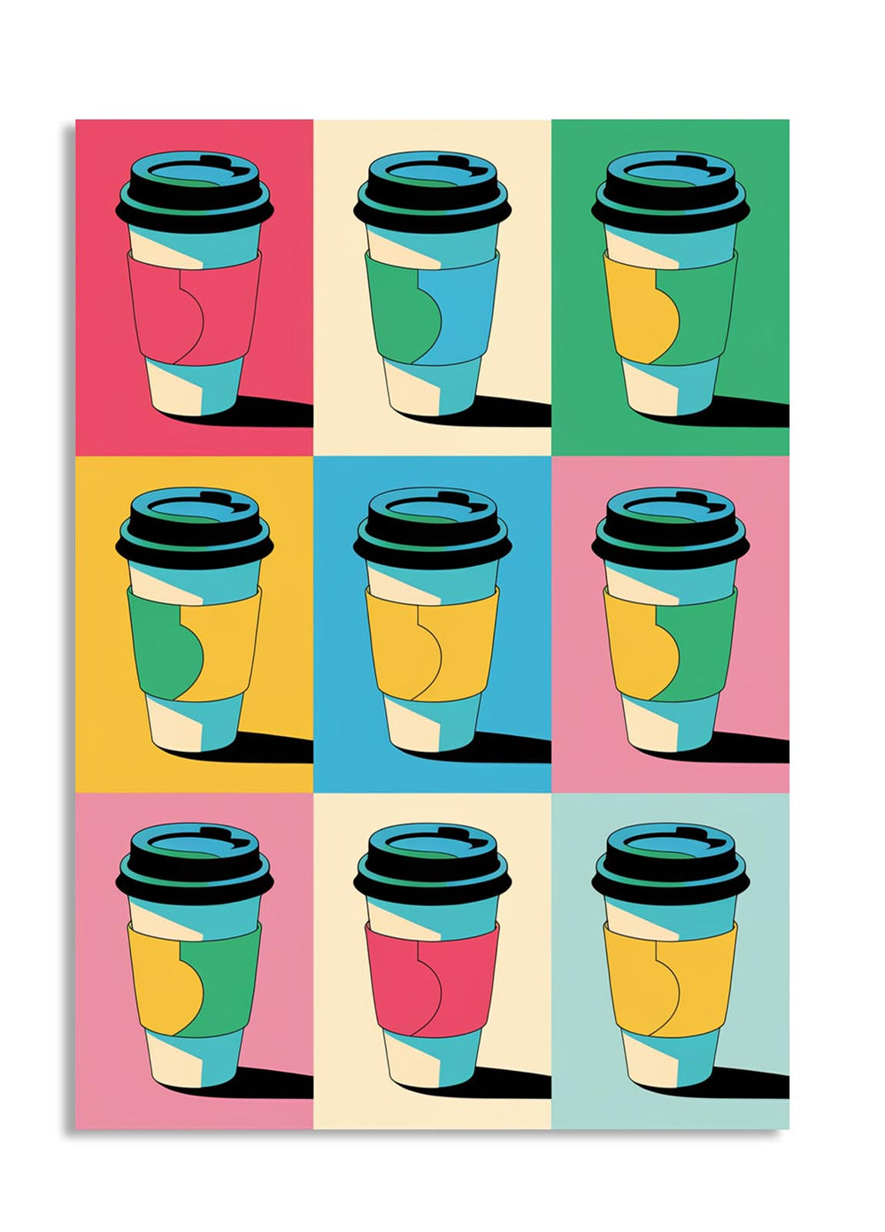 Colorful grid of coffee cups with a pop art style, as a premium aluminum metal print from GoMetalPrint.
