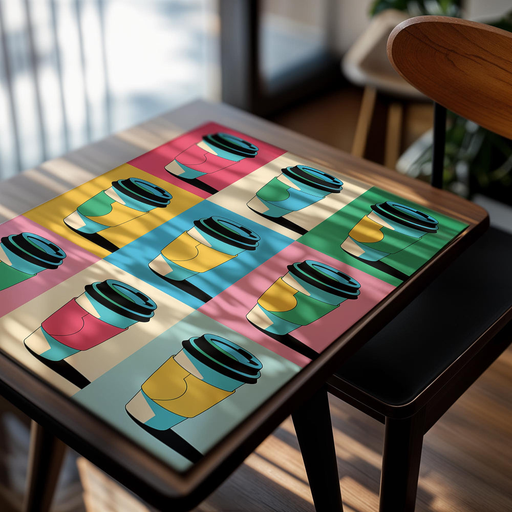 Colorful grid of coffee cups with a pop art style, as a premium aluminum metal print from GoMetalPrint.
