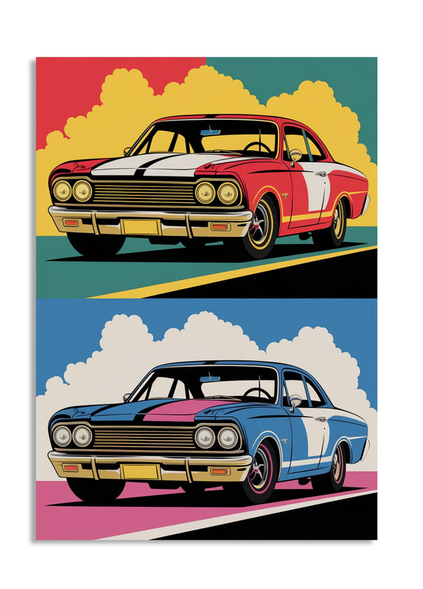 Two vintage car illustrations on a colorful background, as a premium aluminum metal print from GoMetalPrint.
