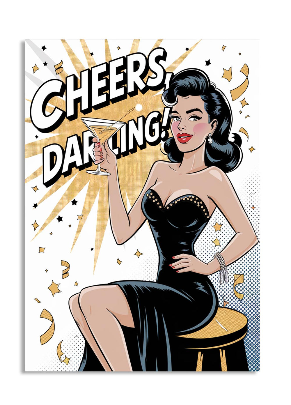 Vintage-style poster with a woman in a black dress holding a martini glass, with 'Cheers Darling!' text, as a premium aluminum metal print from GoMetalPrint.

