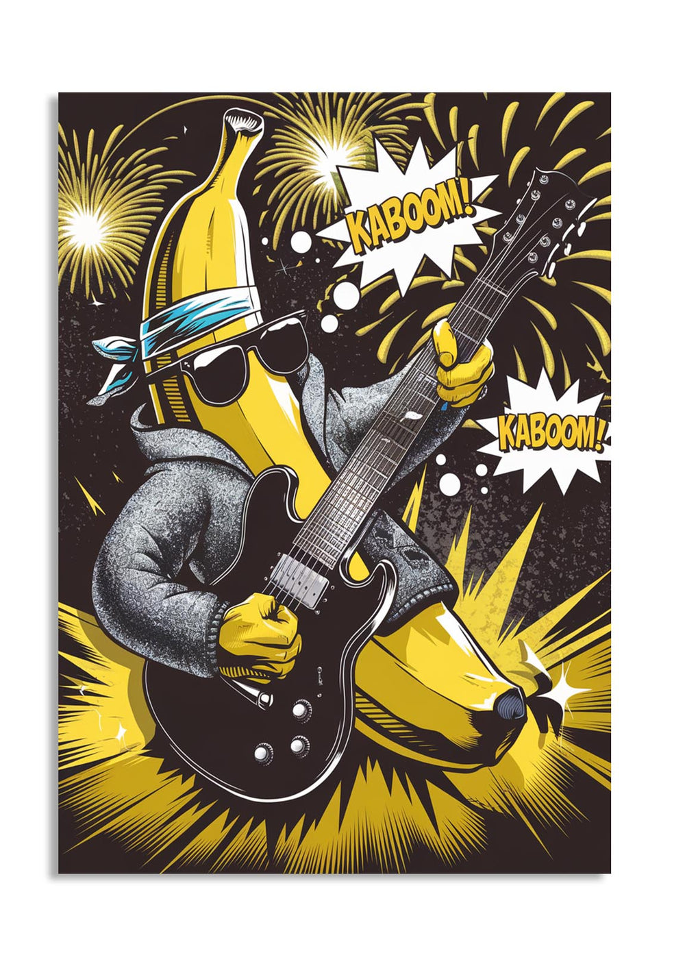 Cartoon banana character playing guitar with 'KABOOM!' text on a black background, as a premium aluminum metal print from GoMetalPrint.
