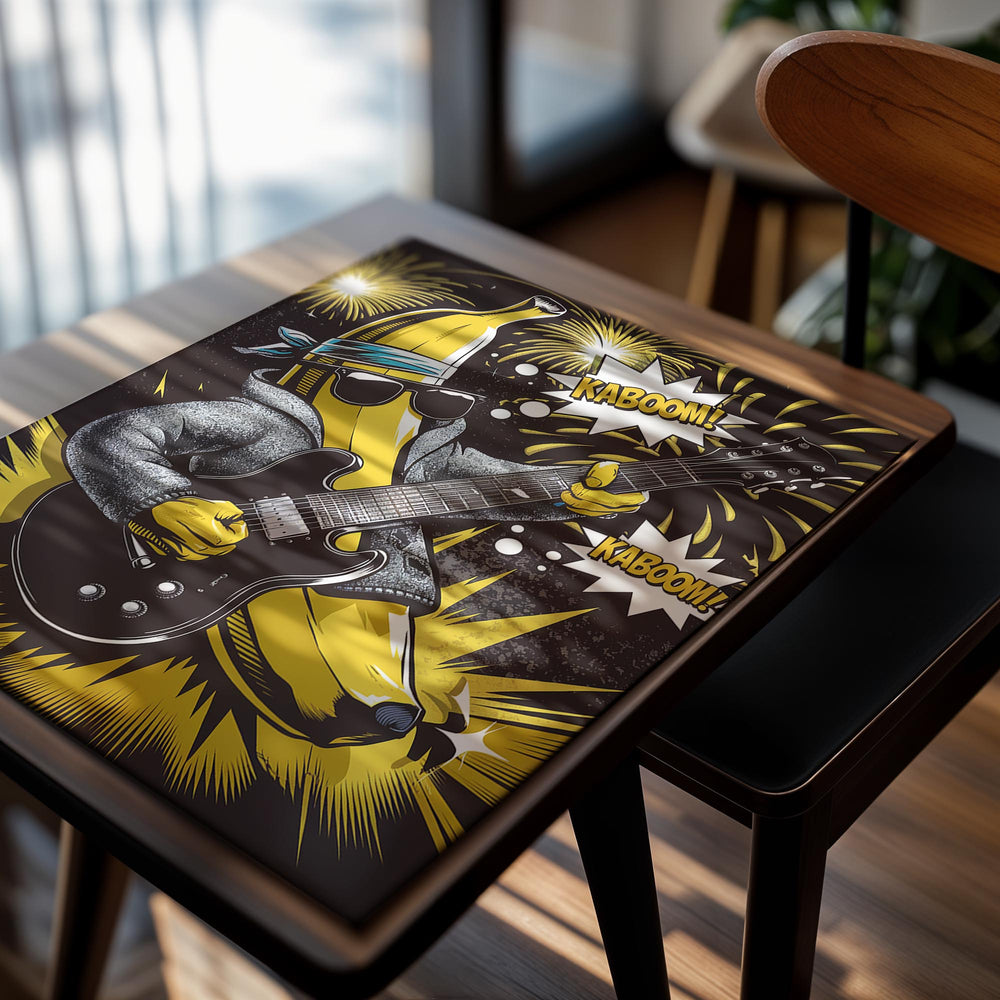 Cartoon banana character playing guitar with 'KABOOM!' text on a black background, as a premium aluminum metal print from GoMetalPrint.
