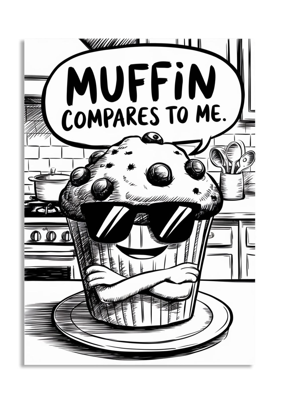 Black and white illustration of a muffin with sunglasses and a speech bubble in a kitchen setting, as a premium aluminum metal print from GoMetalPrint.
