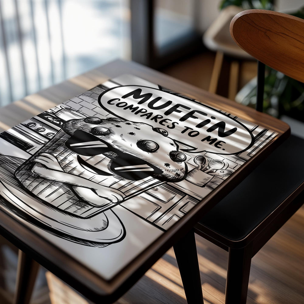 Black and white illustration of a muffin with sunglasses and a speech bubble in a kitchen setting, as a premium aluminum metal print from GoMetalPrint.

