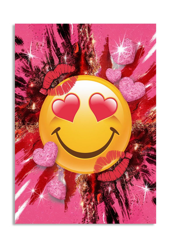 Emoticon with heart eyes surrounded by pink hearts and lips on a pink background, as a premium aluminum metal print from GoMetalPrint.
