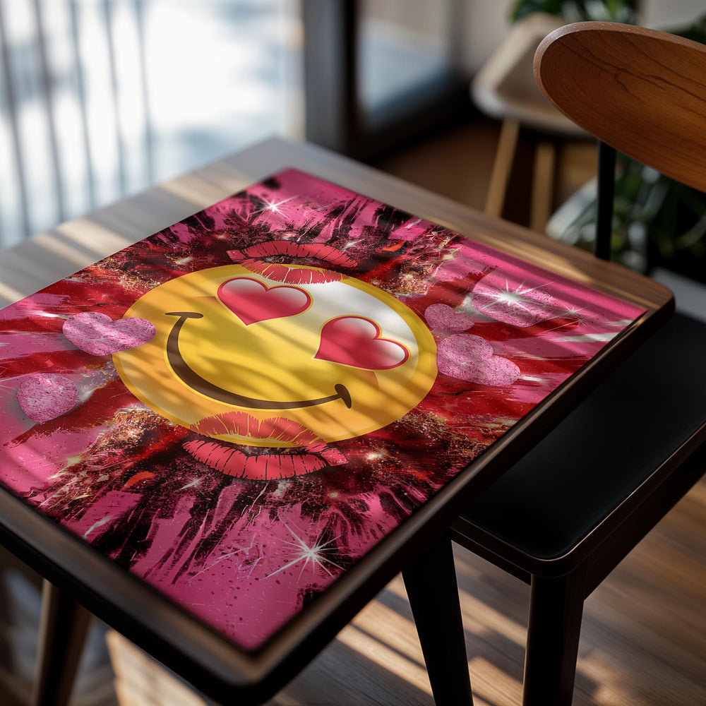 Emoticon with heart eyes surrounded by pink hearts and lips on a pink background, as a premium aluminum metal print from GoMetalPrint.
