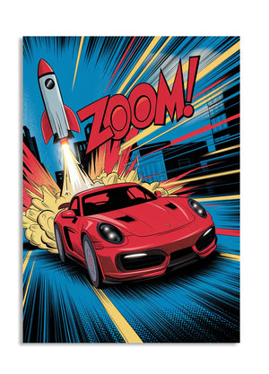 Comic-style illustration of a red car with 'Zoom!' text and rocket effect, as a premium aluminum metal print from GoMetalPrint.
