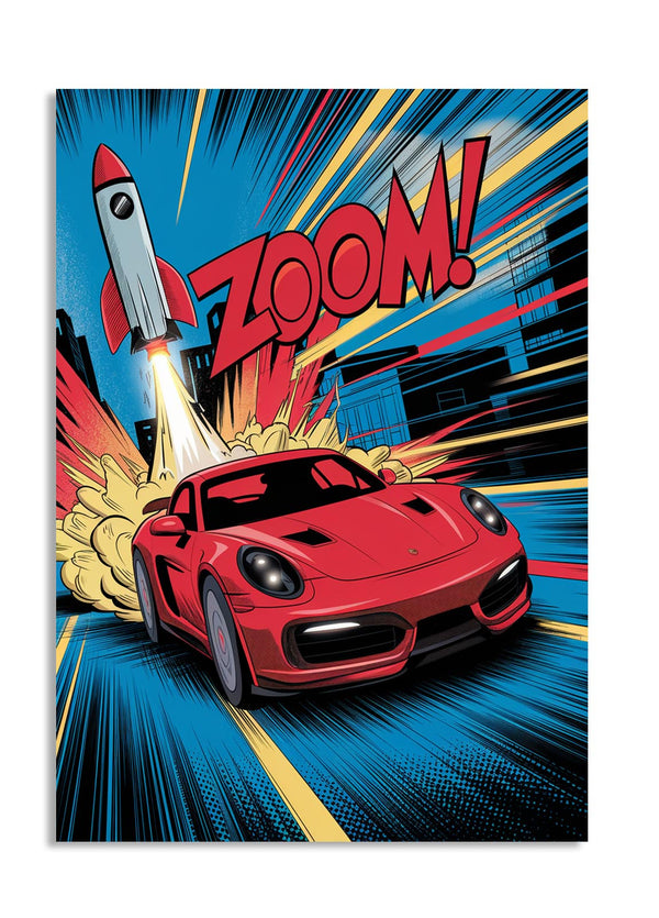 Comic-style illustration of a red car with 'Zoom!' text and rocket effect, as a premium aluminum metal print from GoMetalPrint.
