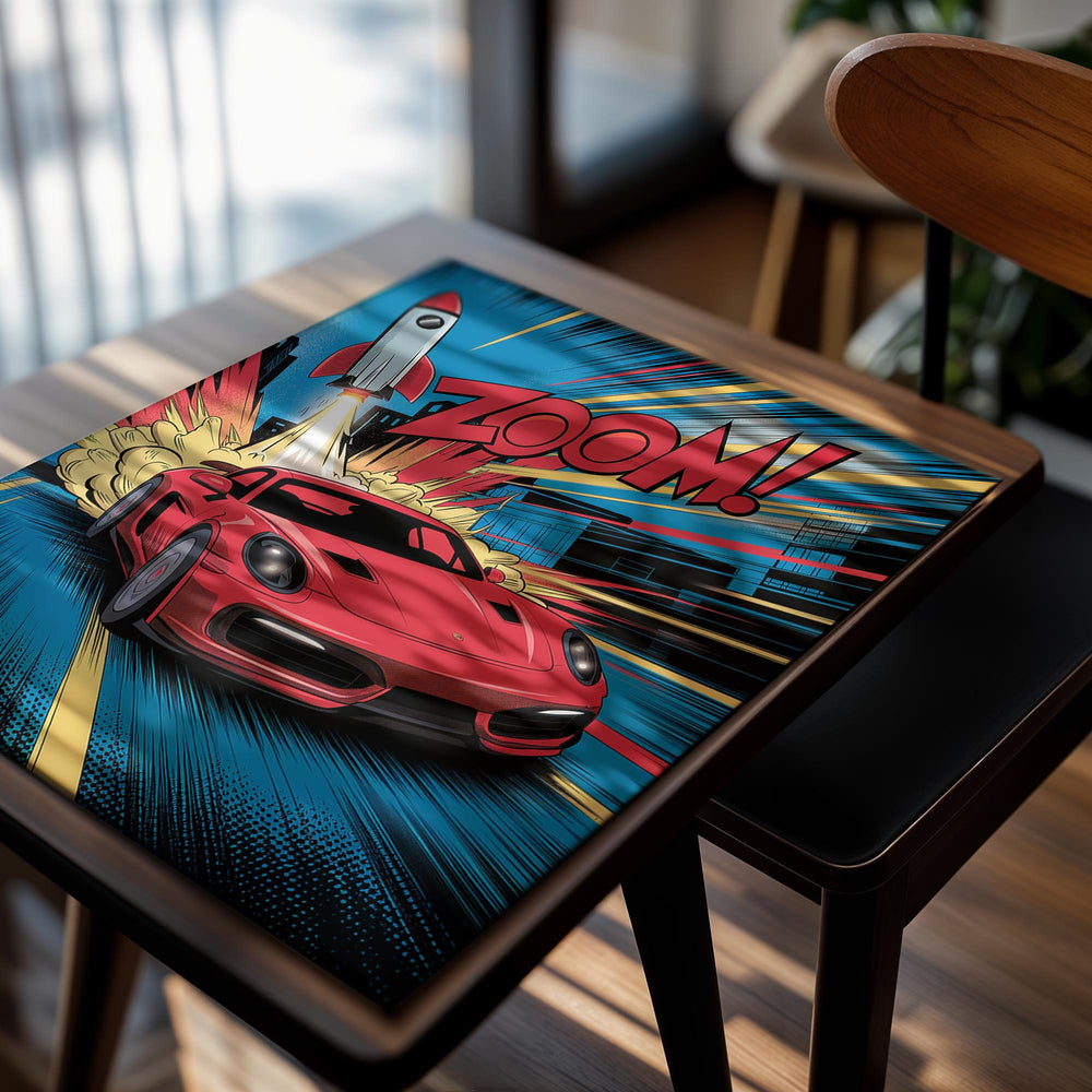 Comic-style illustration of a red car with 'Zoom!' text and rocket effect, as a premium aluminum metal print from GoMetalPrint.
