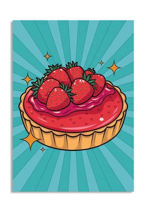 Illustration of a strawberry tart on a blue radial background, as a premium aluminum metal print from GoMetalPrint.
