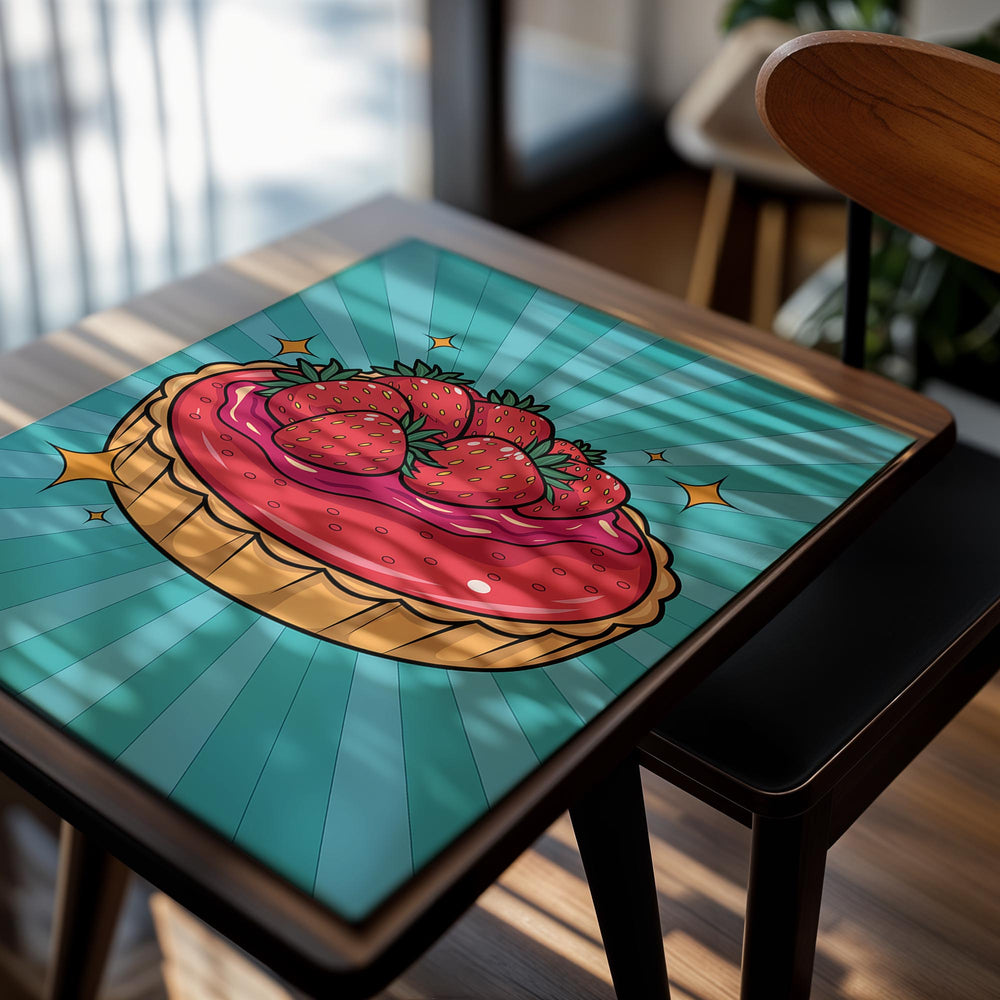 Illustration of a strawberry tart on a blue radial background, as a premium aluminum metal print from GoMetalPrint.
