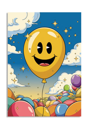 Colorful illustration of a smiling balloon with a cloud and starry sky background , as a premium aluminum metal print from GoMetalPrint.
