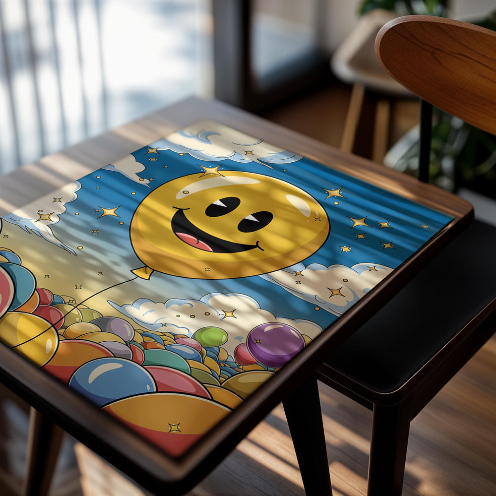 Colorful illustration of a smiling balloon with a cloud and starry sky background , as a premium aluminum metal print from GoMetalPrint.
