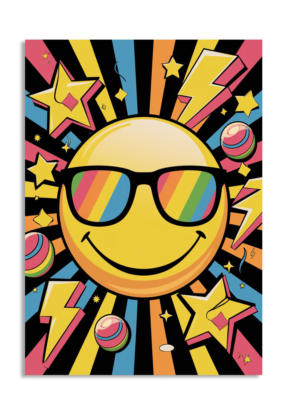 Colorful poster with a smiley face wearing sunglasses and surrounded by stars and lightning bolts on a black background, as a premium aluminum metal print from GoMetalPrint.
