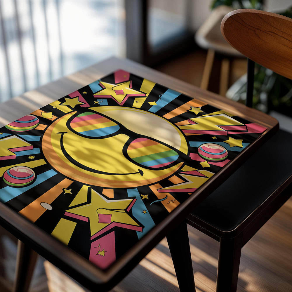 Colorful poster with a smiley face wearing sunglasses and surrounded by stars and lightning bolts on a black background, as a premium aluminum metal print from GoMetalPrint.
