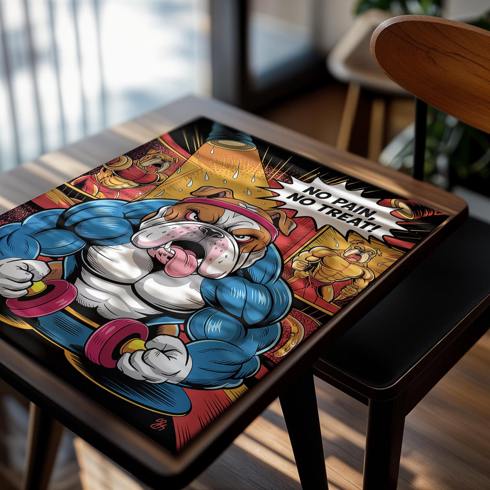 Cartoon bulldog lifting weights with 'No Pain, No Treat!' text on a colorful background, as a premium aluminum metal print from GoMetalPrint.
