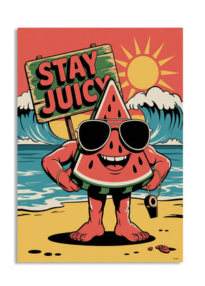 Cartoon watermelon character with sunglasses and a 'Stay Juicy' sign on a beach background,, as a premium aluminum metal print from GoMetalPrint.
