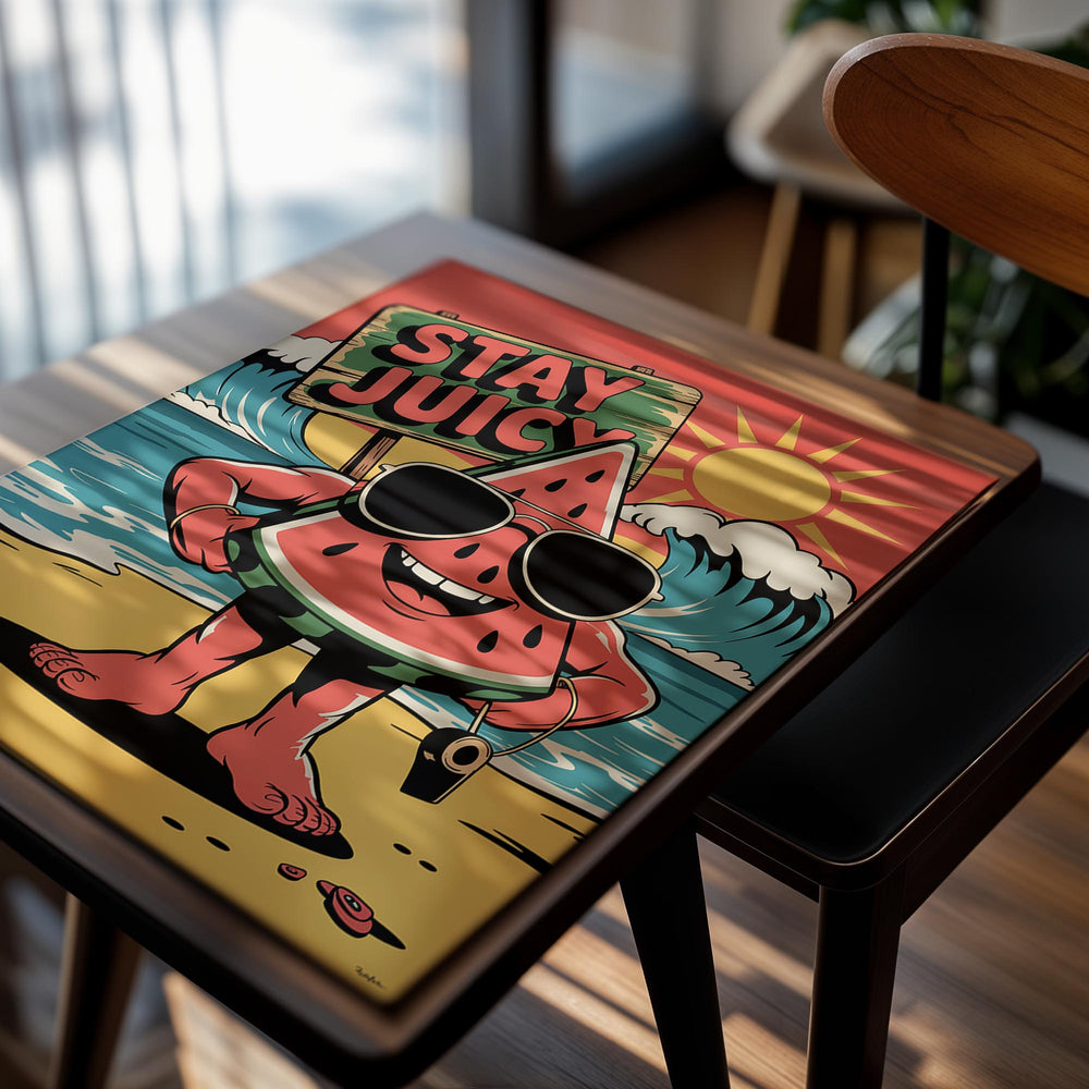 Cartoon watermelon character with sunglasses and a 'Stay Juicy' sign on a beach background,, as a premium aluminum metal print from GoMetalPrint.
